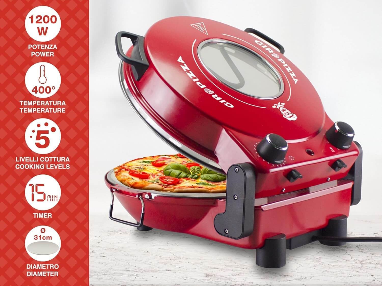 Beper P101CUD301 Pizzaoven met kijkvenster, 400°C, 31 cm keramische bakplaat en timer