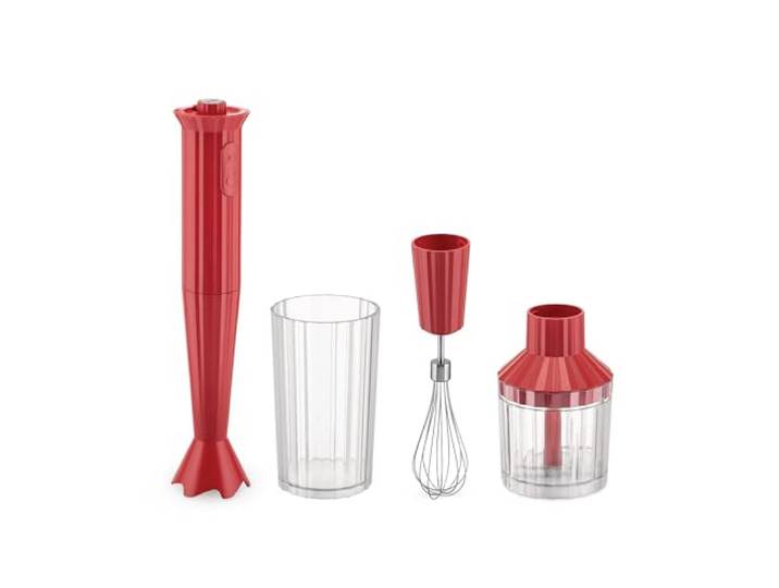Alessi Plissé MDL10S R - Stabmixer mit Messbecher, Schneebesen und Zerkleinerer, aus Thermoplastischem Harz, Europäischer Stecker 500W, Rot