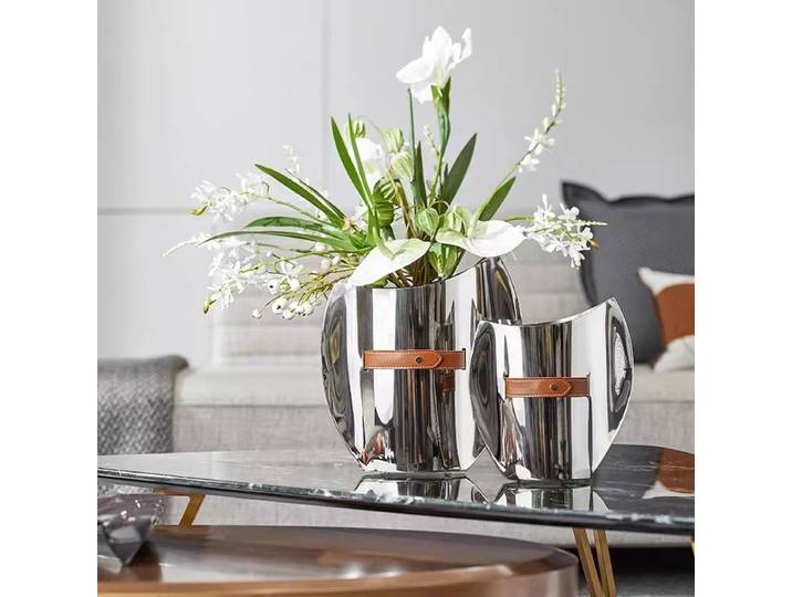 Vase incurvé en acier inoxydable, décoration de la maison, vase en métal, vase en cuir argenté et glace, décoration de salon, vase de table à manger, E27