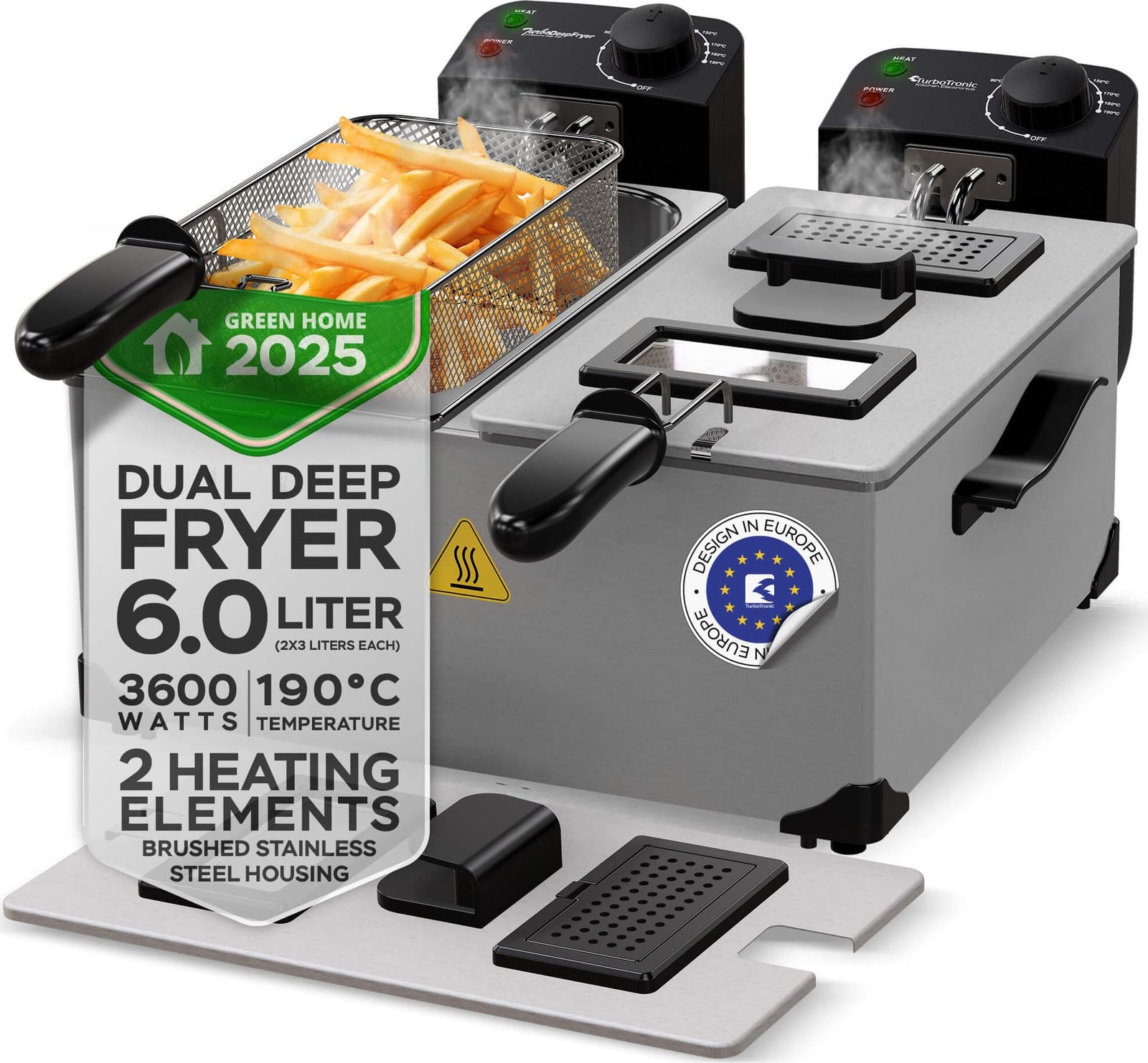 TurboTronic Frytownica TurboTronic dubbele frituurpan, traditioneel, op olie, zilverkleurig, 2x3L (totale capaciteit 6L), 3600W