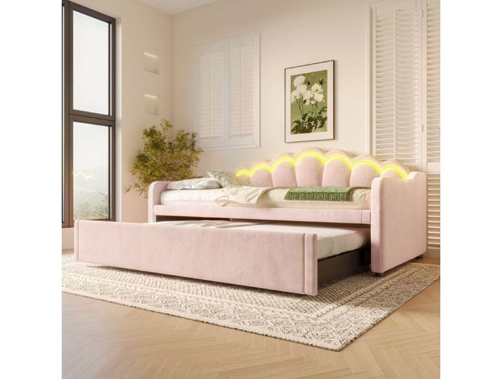 Lit Banquette Rembourré - Velours Rose - 90x200 cm - Lit Gigogne - LED Multicolore