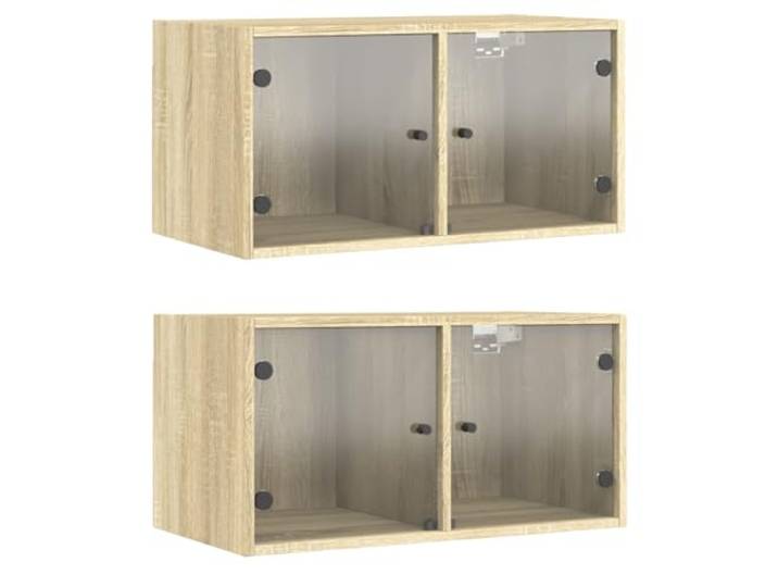 Wandschrank, 2-teilig, mit Glastüren, Holz, Eiche Platzsparendes Wanddesign, Sonoma-Eiche-Finish, unterteilte Aufbewahrung, Schrauben nicht im Lieferumfang enthalten