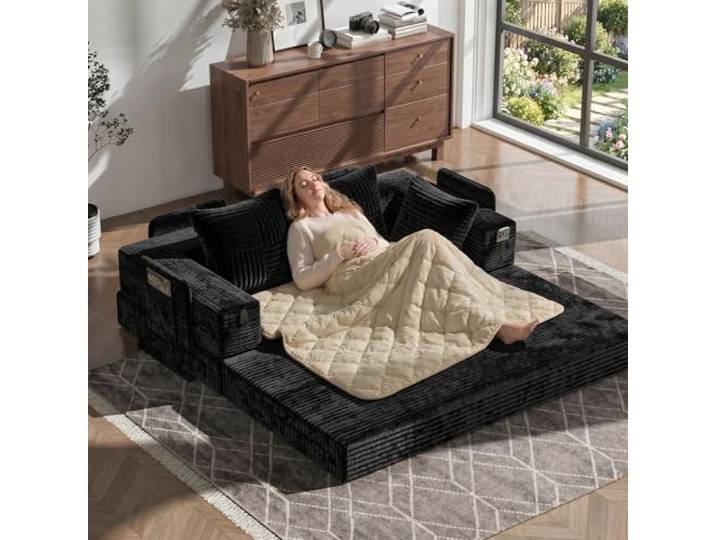 Fabulcozy 4-in-1 Schlafsofa 3-Sitzer mit Aufbewahrungs-Armlehnen, 2-in-1 Kissen-Decke Inklusive, Boneless in Cordvelours, Metallrahmen, Waschbarer Bezug, für Wohnzimmer & Schlafzimmer(Schwarz)