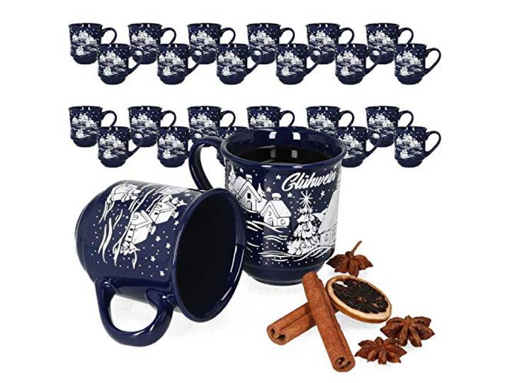 MamboCat 36er Set Glühweinbecher 0,2L mit Eichstrich I Klassische Weihnachtsmarkt Tasse mit Wintermotiv I Glühweintassen mit Henkel I Großpackung Gastronomiebedarf Becher aus Keramik dunkelblau