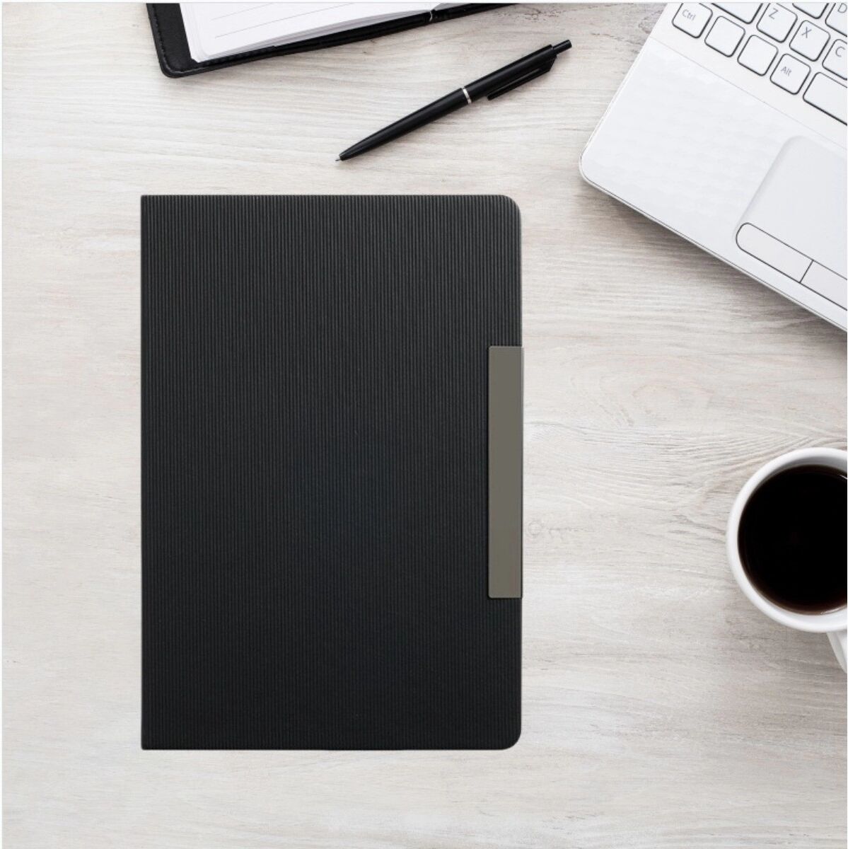 INF Carnet professionnel noir à rayures verticales, papier lisse et design vintage minimaliste