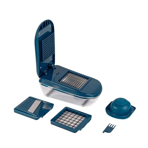 Mastrad multifunctionele groentesnijder met mandoline en reservoir, 3 roosters en reinigingskam, blauw, F21413