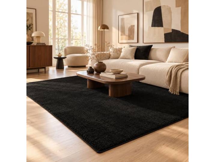 Snapstyle Cottage Hochflor Teppich Schwarz – Shaggy Teppich extra weich, moderner Wohnzimmer Teppich, kuschelig & pflegeleicht