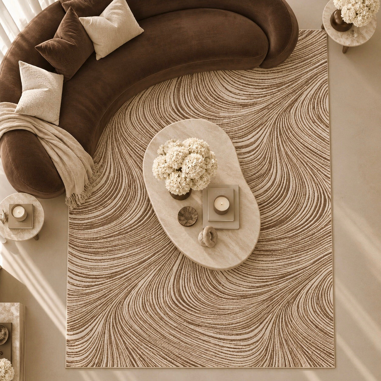 Braun Beige & Brown Swirl Pattern Abstract Rug, 274 x 183cm
