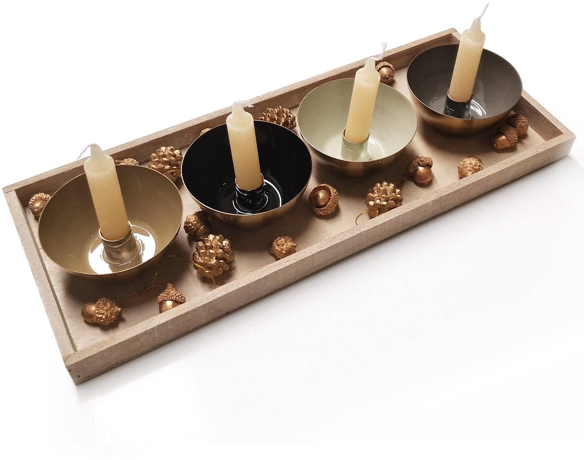 Omgoods Houten Tray met 4 Kandelaren voor Advent Wreath Decoratie