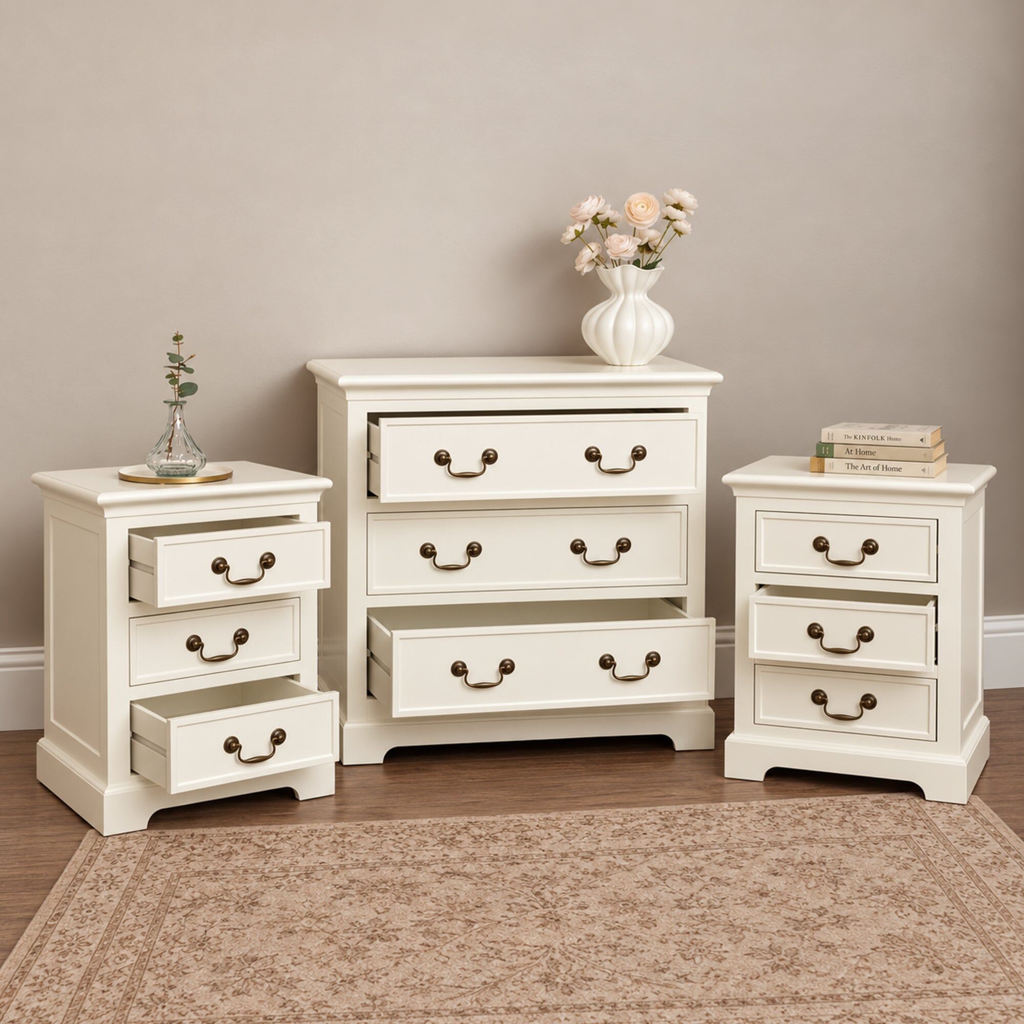 Ivory 3 Drawer Chest of Drawers & Pair of 3 Drawer Bedside Tables - Charlotte Ivory Range Wood, Metal