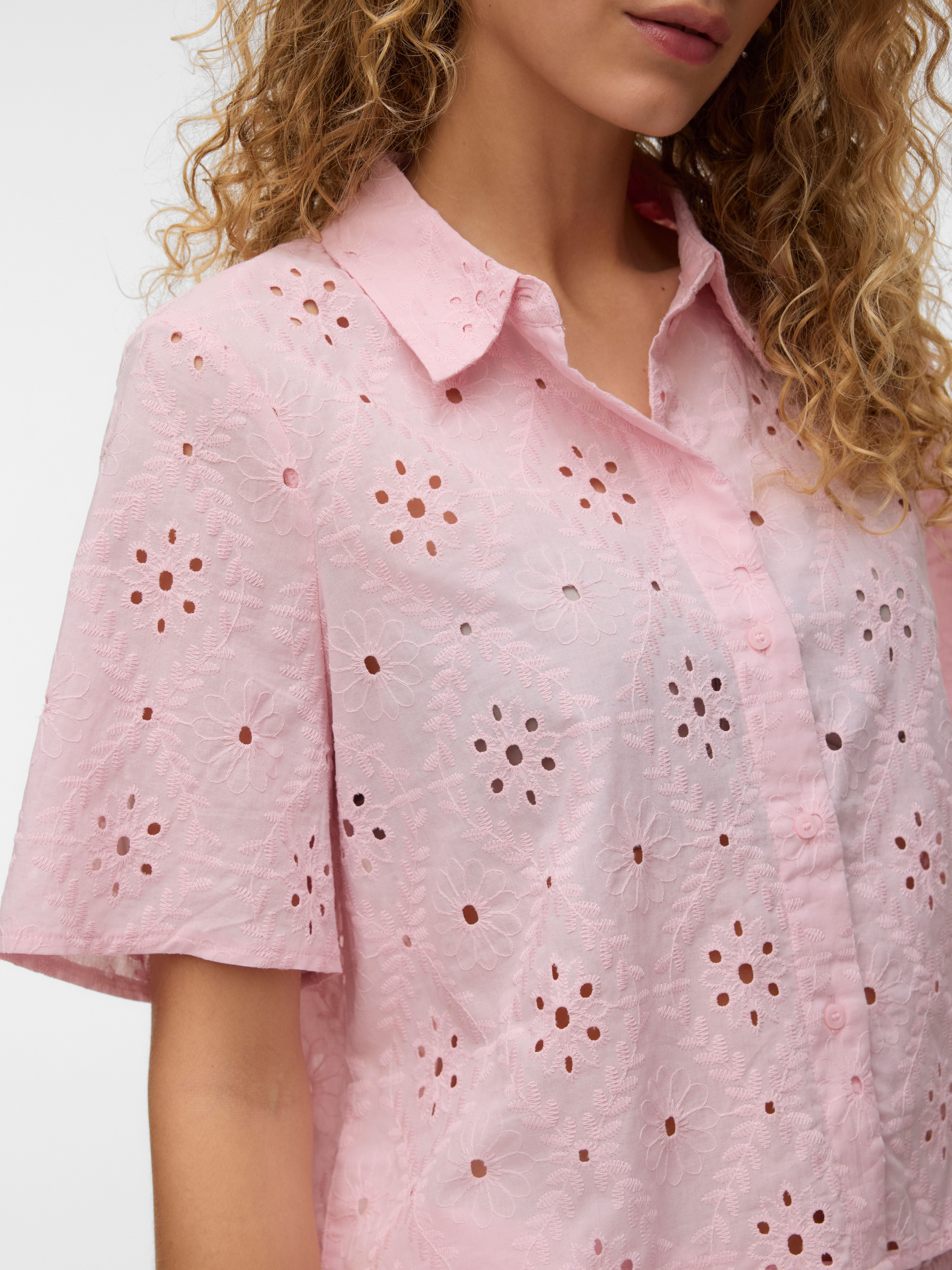 Kurzarmbluse VERO MODA "VMELIZA SHORT 2/4 SLEEVE SHIRT WVN NOOS", Damen, Gr. L, pink, a, boo, Web, Obermaterial: 100% Baumwolle, unifarben, normal, Rundhals, Blusen Kurzarmbluse, Baumwolle pink, a, boo L