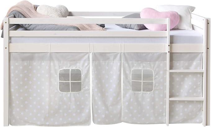 Hochbett 90x200 Weiß - Kinderbett Massivholz mit Treppe | Stabiles Jugendbett aus Kiefer mit Stauraum unter der Liegefläche, inkl. Sternen-Vorhang und Bettumrandung