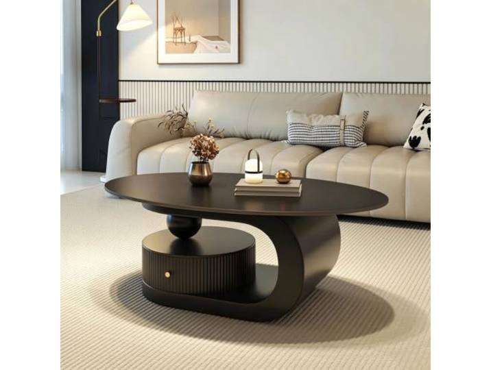Couchtisch Oval Im Italienischen Luxus Design,Eleganter Ovaler Couchtisch mit Sinterstein Oberfläche und Schwarzem Carbonstahl Rahmen,mit Runder Schublade für Wohnzimmer B,130CM