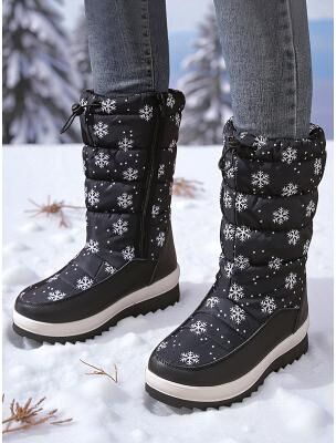 LightInthebox Women's White Snow Boots – Waterproof Warm Winter Boots with Snowflake Print, Anti-Slip Sole for Outdoor Snow and Holiday Trips