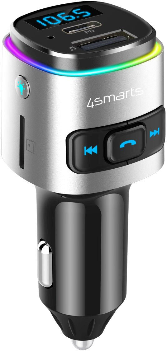 4smarts Media & Assist 2 - Bluetooth FM Transmitter & Biloplader m. USB-C (PD) / USB-A - Sølv