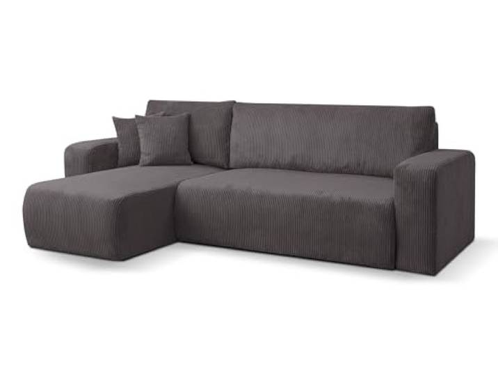 VENASI MÖBEL Ecksofa mit Schlaffunktion Luna L, Dunkelgrau Cordstoff Sofa mit Bettkasten, Schlaffläche 125 × 200 cm, inkl. Kissen & Aufbauanleitung