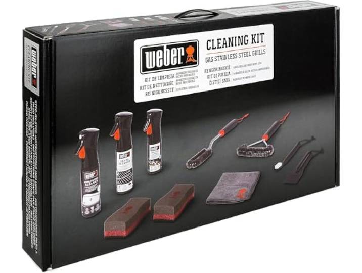 Weber Kit de nettoyage pour barbecues à gaz en acier inoxydable Kit nettoyage inox: nettoyant grilles/inox\, spray anti-adhérence\, 3 brosses\, grattoir\, microfibre\, éponges