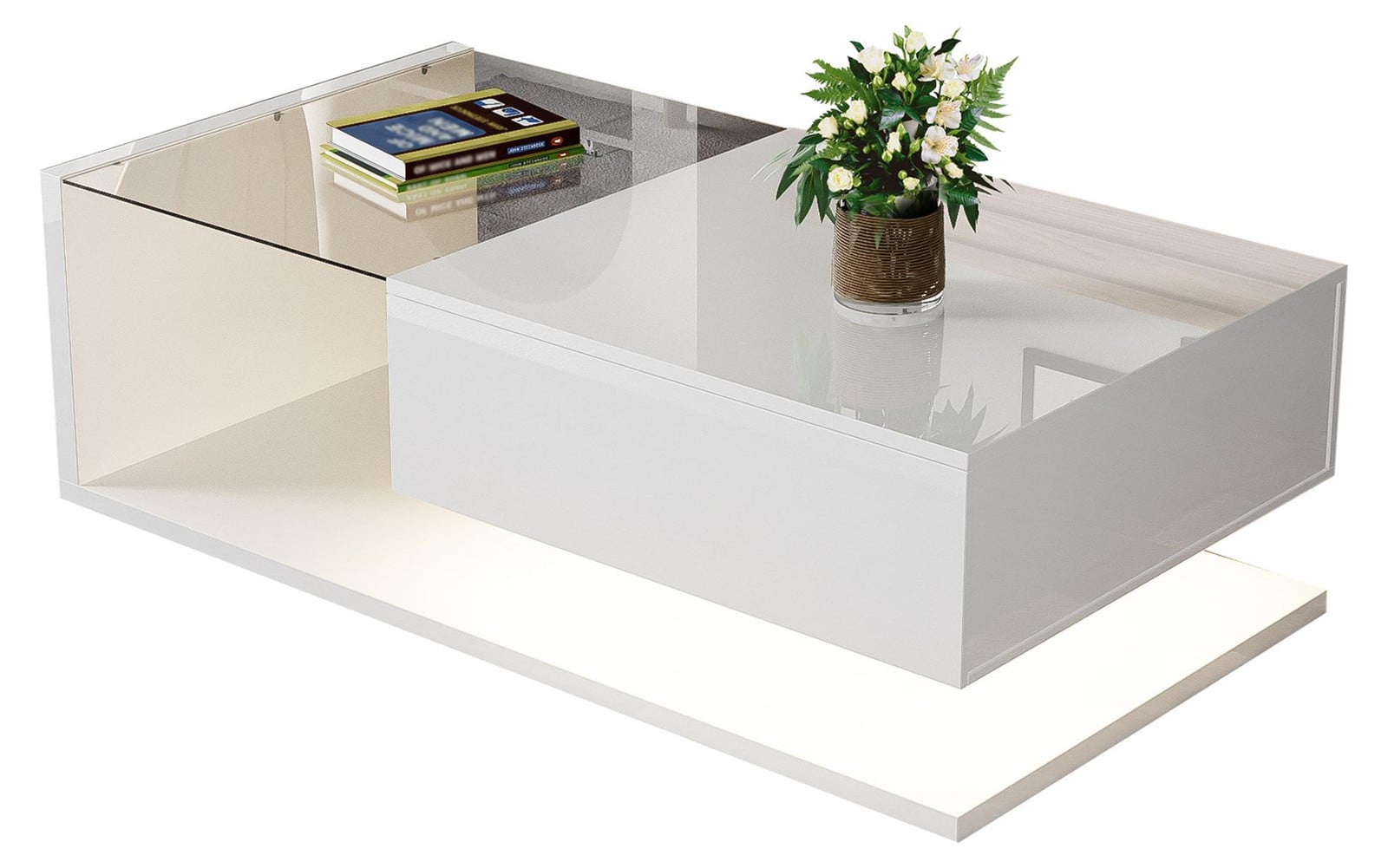 Rolipo Witte glanzende salontafel met glazen blad en LED-verlichting