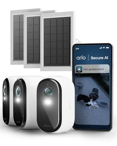 Arlo Essential 3 HD WiFi-buitencamera set met 3 witte camera's en 3 zonnepanelen