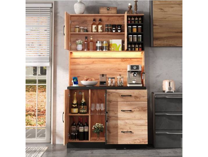 MEUBLIV Buffet haut de cuisine 105 x 40 x 180 cm avec LED prises intégrées 3 tiroirs noir et décor bois