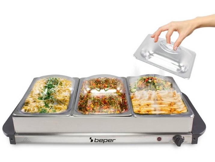 Beper - Warmhoudplaat - Buffet Warmer - Chafing Dish - Rechaud - Elektrisch - 2x2.4L & 2x1.1L - Roestvrij Staal