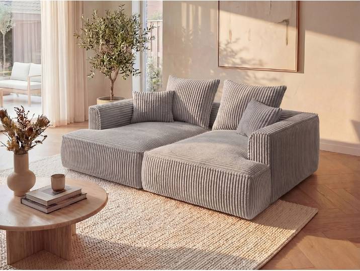 Sofa 3-Sitzer - tiefe Komfortsitzfläche - grob gerippter Cord - Hellgrau - PINETA