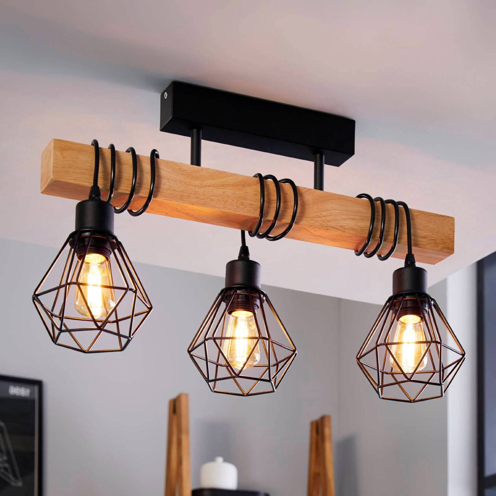 EGLO Deckenlampe Townshend 5, Holz hell, für Wohn- / Esszimmer, Holz, Vintage, Deckenlampe