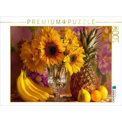 CALVENDO Puzzle Stillleben in Gelb mit Sonnenblumen, Bananen und Ananas | 1000 Teile Lege-Größe 64x48cm Foto-Puzzle für glückliche Stunden