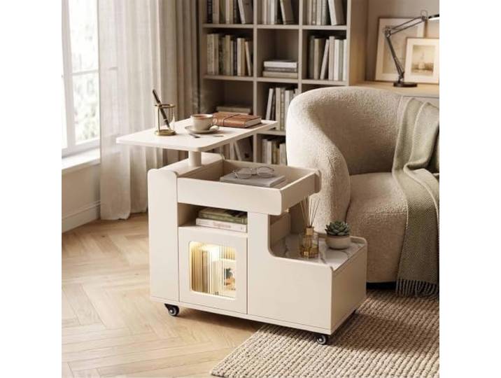 Beistelltisch aus Massivholz mit Schubladen, Schrank und drehbarer Platte Beistelltisch Couch mit Stauraum auf mehreren Ebenen, Schubladen, Schrank, höhenverstellbarer drehbarer Platte