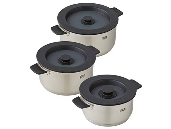 KUHN RIKON Smart & Compact 3er Set-Kochtopf mit Deckel, 1,5 Liter/16 cm, 3 Liter/20 cm und 5 Liter/24 cm, Edelstahl, für alle Herdarten inkl. Induktion, kompaktes verstauen, magnetische Deckel, Silber