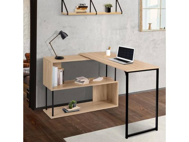 IDMARKET Bureau d'angle rotatif 180° DETROIT étagère forme S design industriel