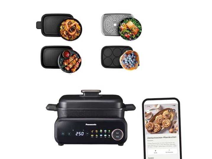 Panasonic NF-GM400 4-in-1 Elektro-Multikocher, Elektro Tischgrill, Braten, Slow Cook, BBQ, Dämpfen, Sautieren, 1400W, 40–250°C, 9 Auto-Modi, 4 Antihaftplatten, Rauchabsaugung, Schwarz