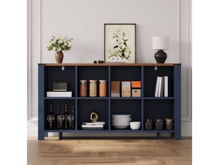 Buffet 140 cm bleu en MDF – 8 compartiments ouverts meuble de rangement cuisine et séjour 140 × 34 × 75 cm