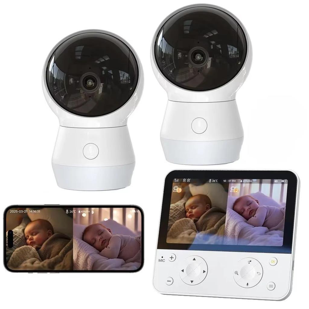 Babyphone mit 2 Kameras - Video-Babyphone - 14-cm-LCD - 2K-Video - 355° Schwenken und 115° Neigen - Zwei-Wege-Audio - Nachtsicht - 4000 mAh