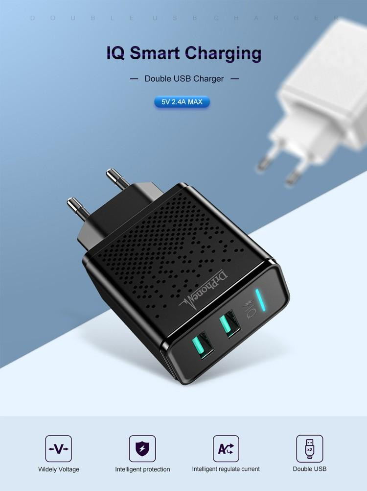 DrPhone Polyamid Pro Micro-USB Kabel 1m met 2-poorts Thuislader - Zwart