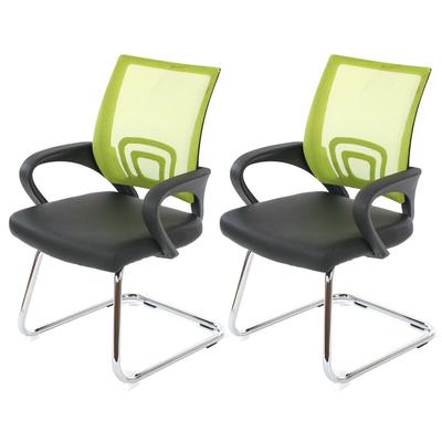 Décoshop26 - 2x Bürostühle ohne Rollen Besucherkonferenzstühle aus schwarzem Kunstleder und grünem Netzgewebe 04_0000181