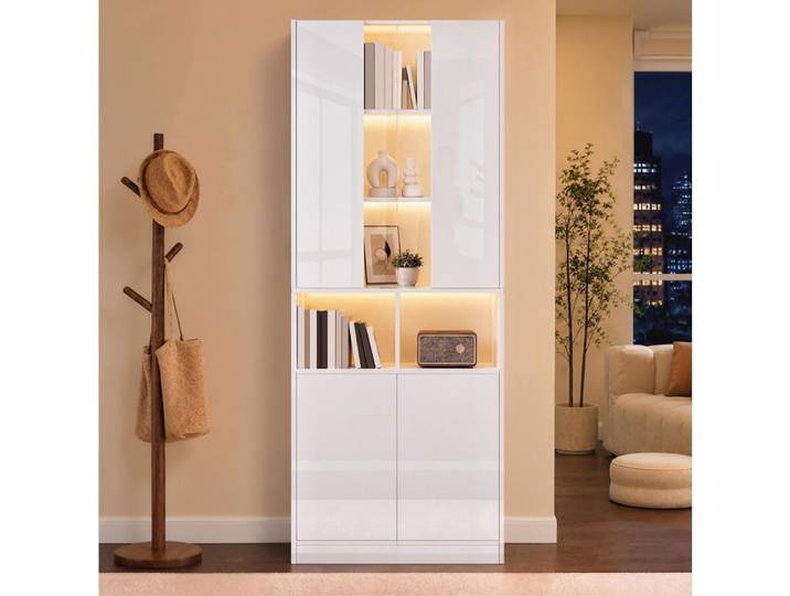 WUVRIE Vitrine haute LED commandée par app blanc brillant 4 portes 3 étagères 2 niches ouvertes