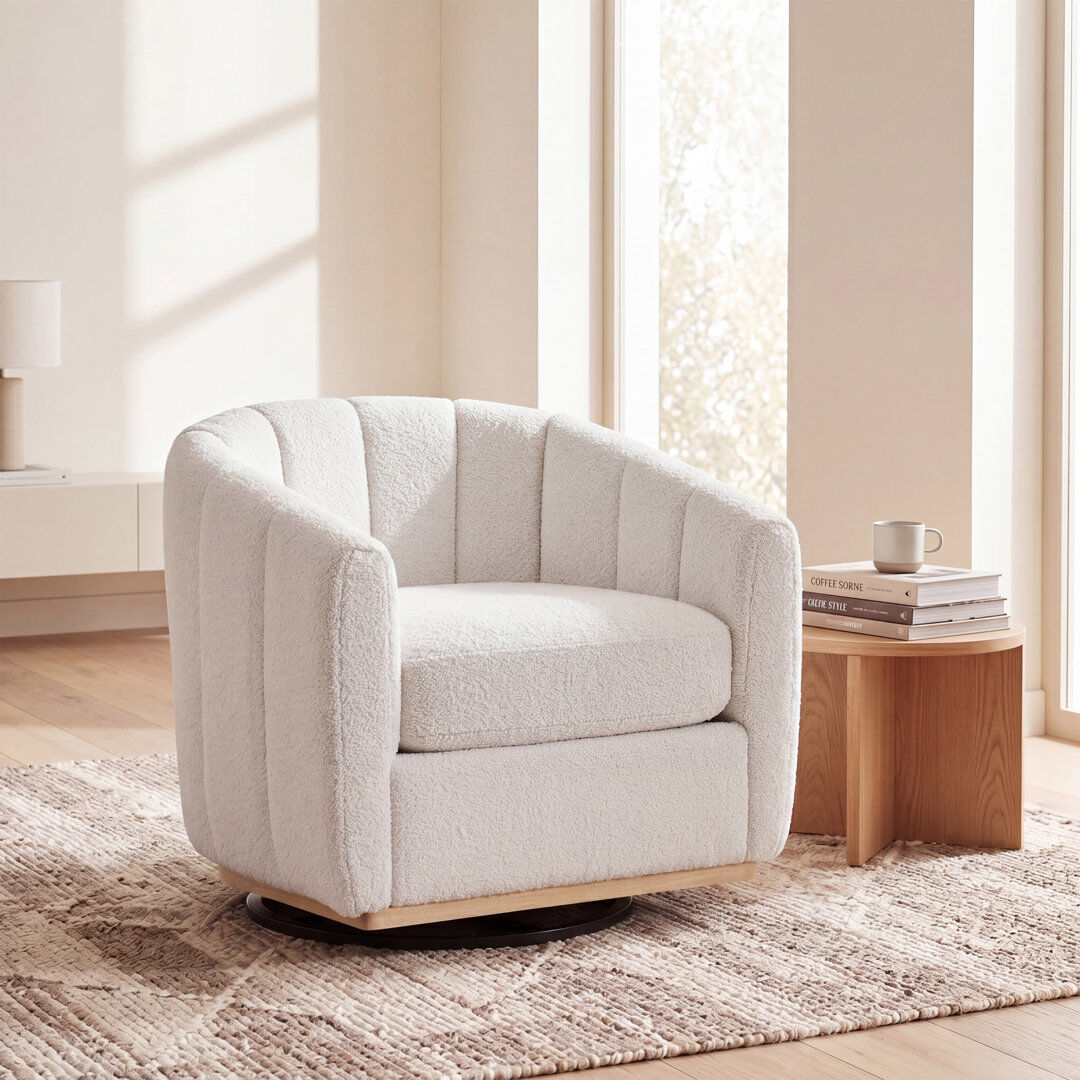 Brayden Studio Upholstered Chenille Swivel Armchair Ivory 75.5cm H X 81cm W X 73cm D