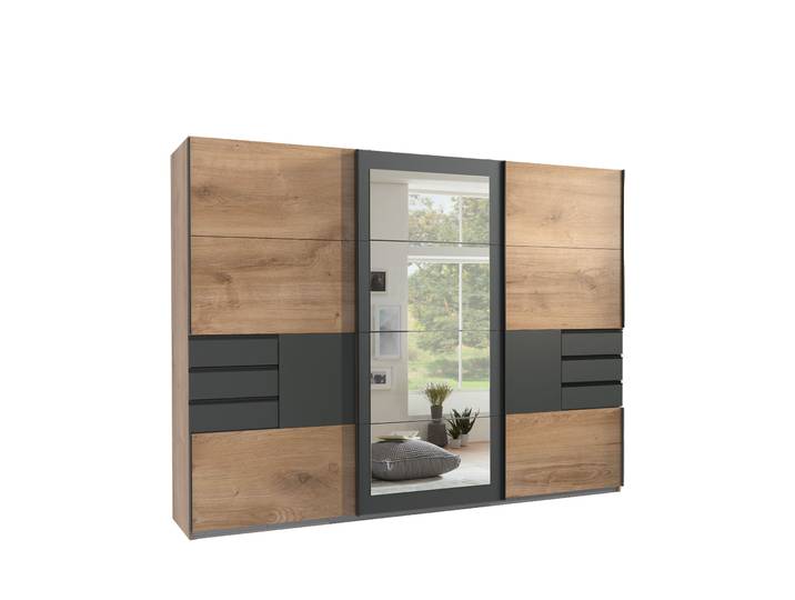 Schwebetürenschrank Kleiderschrank 273 Passep. Spiegel Schubl.Grafit Eiche Dekor / 22506