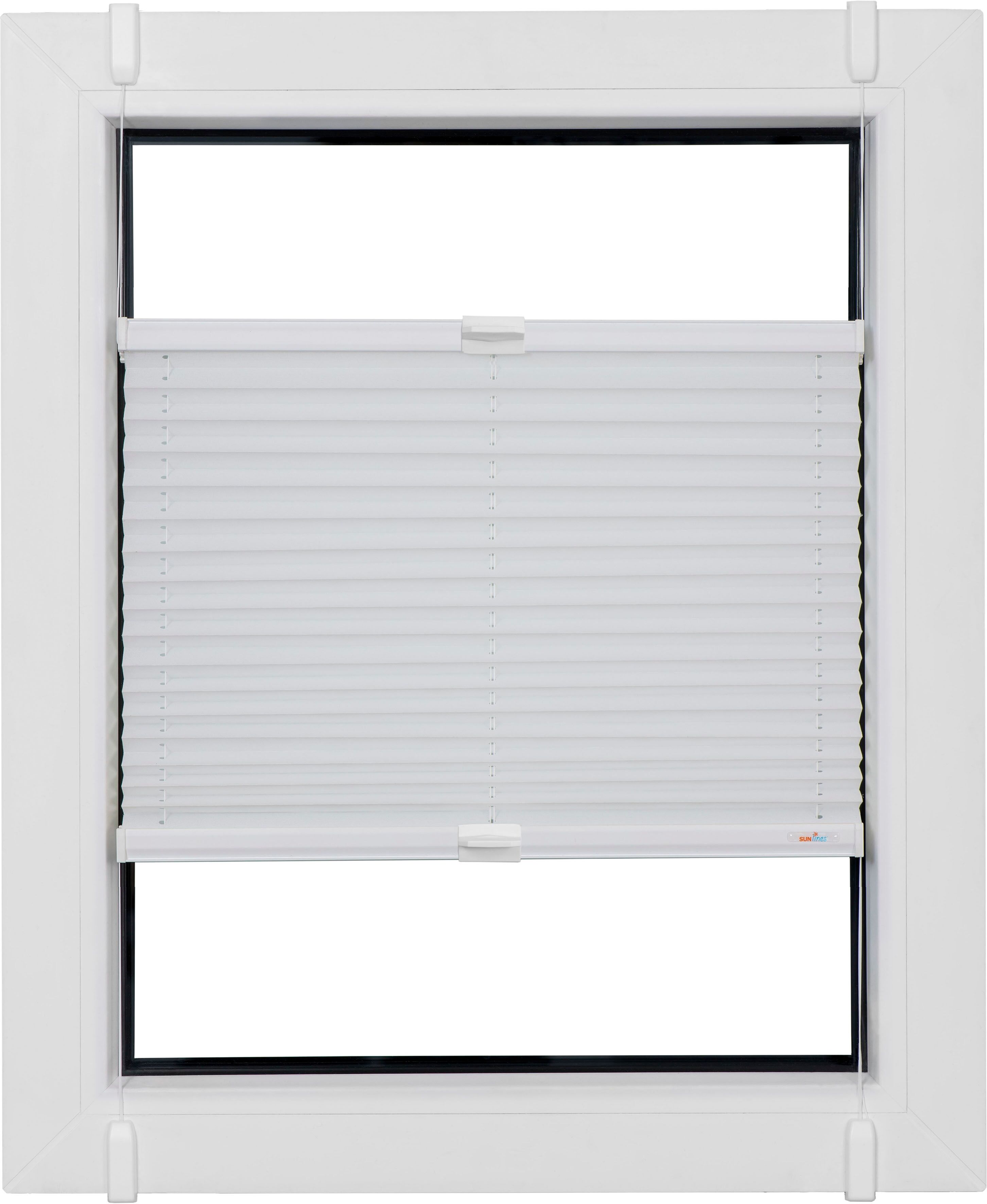 Plissee SUNLINES "Budget Crepe, ohne Bohren, Klemmfix, verspannt, Sichtschutz", weiß (weiß, weiß), B:80cm H:210cm, Obermaterial: 85% Polyester, 15% sonstige Fasern, Plissees, Klemmfix, glatt