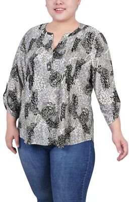 NY COLLECTION 3/4 Sleeve Roll Tab Y Neck Top