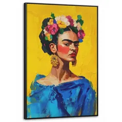 LEINWAND Bilder mit Rahmen - Frida Kahlo - Frau - Gelb - Blau - Blumen - 90x140