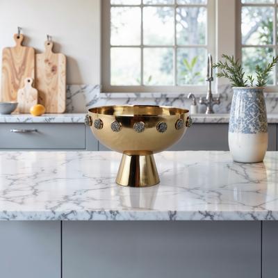 Sagebrook Home Metal Bowl with Stone Pedestal Base and Crystal Textured Accents