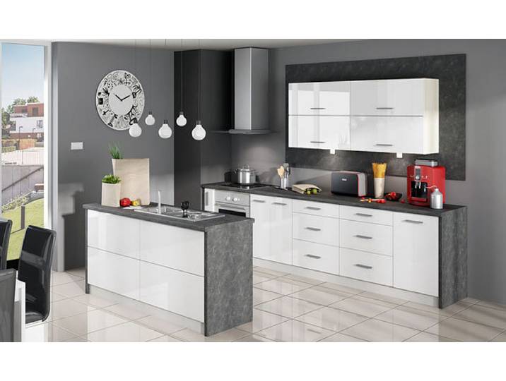Küchenzeile 305x160cm grau / weiß Hochglanz Küchenblock Modern Küche Komplett