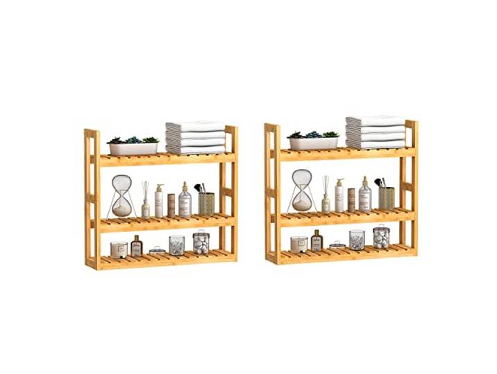 Domax Badezimmer-Wandregal – über WC, 3 Ebenen, verstellbare Schicht, multifunktional, Wandmontage, Handtuchregale, Wohnzimmer, Küche, Bambus, 2 Stück