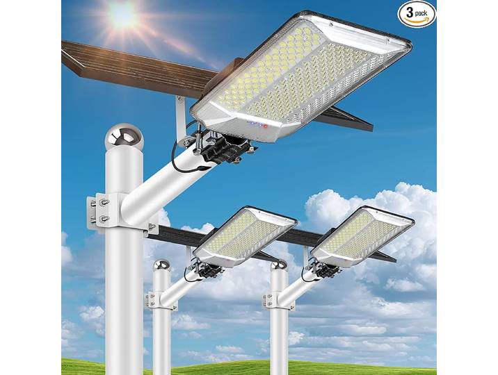 Lot de 3 lampadaires solaires 1000 W – Éclairage routier extérieur IP67 haute puissance, à allumage automatique du crépuscule à l'aube – Idéal pour jardin, parking, allée ou cour