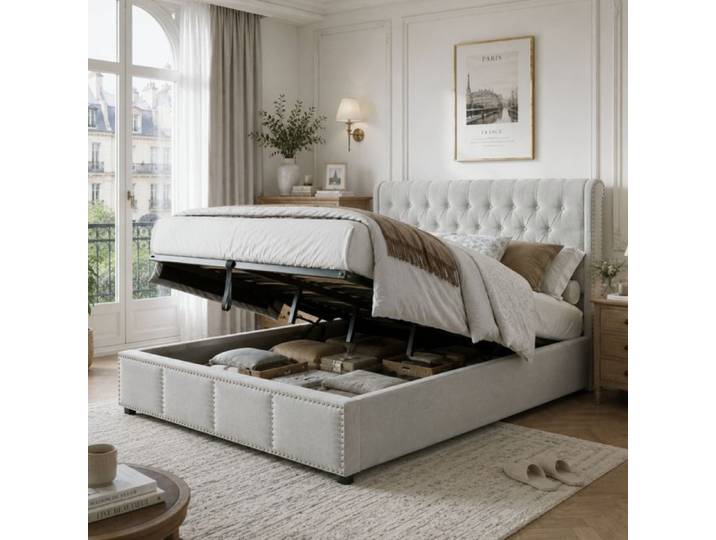 Montage facile lit coffre 140x200 avec levier hydraulique sommier inclus rangement sous lit sans matelas