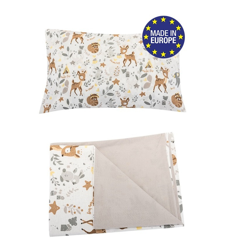 Bomimi Kinderbeddengoed Set met Dekbedovertrek en Kussenhoes BOSDIEREN, Beige, 120x90 cm
