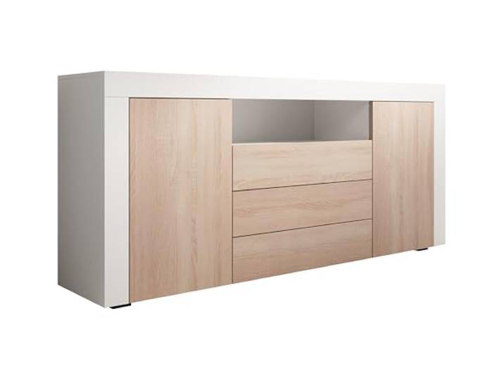 MB Muebles Bonitos, Sideboard mit Türen und Schubladen Yanis für modernes Wohnzimmer und Esszimmer, Melamin matt, Farbe Weiß und Sonoma, 160x72x35 cm