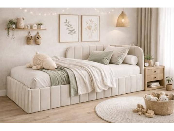 MOEBELPAKET.de Bett Mario 90x200 cm, Metallrahmen, Oeko-Tex, Beige, Rechts Betten Mario, Polsterbett, Jugendbett mit Bettkasten, Eleganter Riviera-Stoff